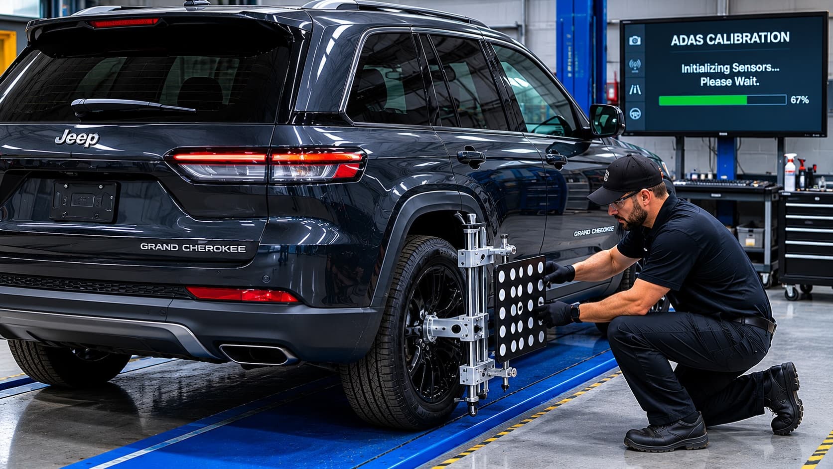 Technician performing ADAS sensor calibration on a Jeep Grand Cherokee in a collision repair shop