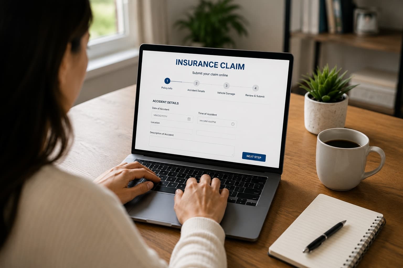 Person filing an insurance claim online on a laptop after a car accident